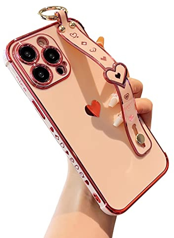 DEFBSC for iPhone 14 Pro Max Case with Wrist Strap, Plating Heart, Pink | Cute Side Love Pattern Phone Case with Wristband Finger Holder Stand Soft TPU Bumper Shockproof Protective Cover