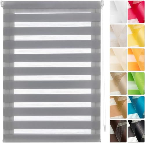 Doppelrollo Klemmfix ohne Bohren 90 x 130 cm Tag-Nacht-Rollo ohne Bohren, Fensterrollo Zebrarollo Seitenzugrollo, Doppelrollo für Fenster Verdunkelungsrollo, für Alle Türen und Fenster, Grau
