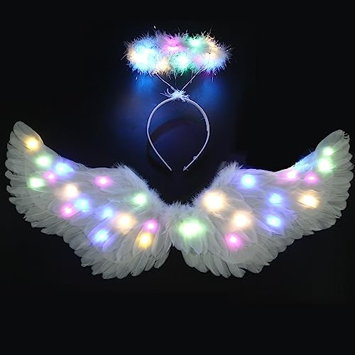 Ptesuply Engelsflügel, beleuchtete Engelsflügel und Heiligenschein mit LED-Lichtern – 3 Leuchtmodi, weißer Engel, Halloween, Kostüm, Weihnachten, Cosplay, Party