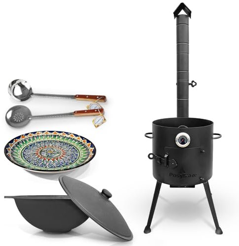Feuerofen Ø 36 cm 2 mm Stahl Utschak Uchag mit Usbekische Kazan Gusseisen 10 L Казан Lagan Thermometer Schaumlöffel für Plov Schöpfkelle учаг Asia (Set 3)