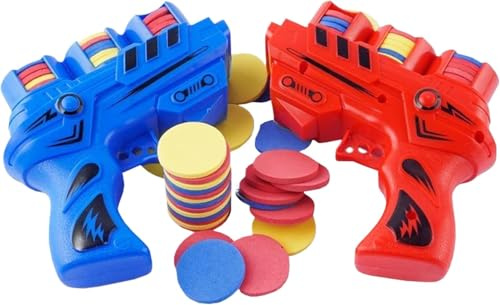 Skivskjutleksak, EVA-mjuk pistol och 50 frisbees, somriga utomhusspel och aktiviteter, festpresenter och utomhusleksaker för barn från 8–12 år (2 stycken)