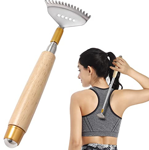 Azymi Rascador de espalda para mujeres y hombres, extensible con mango de madera, bola enrollable, garra de acero inoxidable, herramienta de masajeador de mano fuerte
