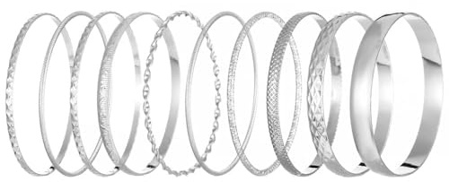 Bangle Bracelet Set, Bangles for Womens, Indian Boho Punk Chunky Stackable Glossy Metal Bangles,Vintage Smooth Layered Charm Arm Cuff Multipack Wedding Party Costume Accessories for Girls (Silver)