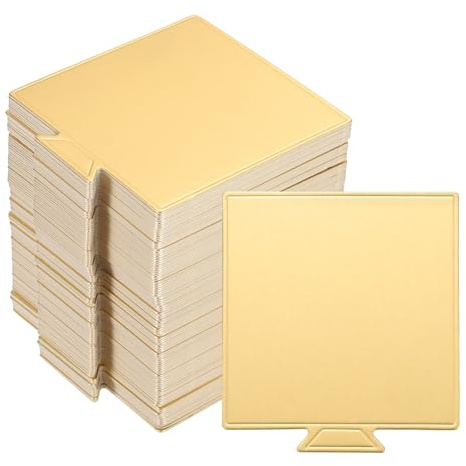 sourcing map 200pcs Mini Cake Boards, Mousse Cake Cardboards Square Cake Bases Plates Cupcake Dessert Displays Base Tray for Cakes, Pastries, Dessert Base - Grease Proof (Gold)