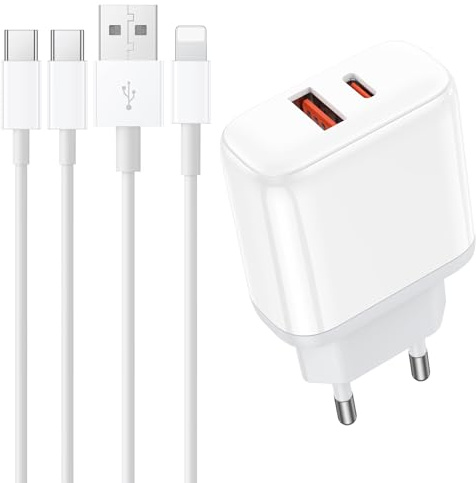 Ladegerät Ladekabel für iPad Pro 13/12.9/11, 20W Schnellladegerät mit 2M USBC Schnellladekabel + USB A-L Kabel [2 Pack 2M] Kompatibel mit Air 5/4 Gen 11/13, iPad 10/11 Generatio, Netzteil