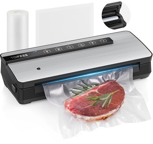 Vacuum Sealer for Food - 90kpa Vacuum Sealer Machine with Bags Storage and Built-in Cutter, Food Sealer with External Vac Function, Dry Moist Modes, Bag Roll included, Stainless Steel
