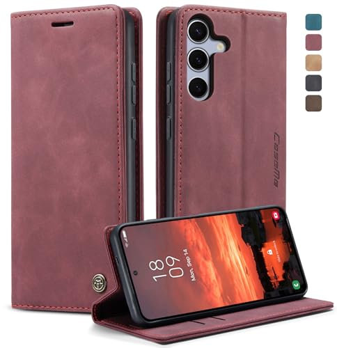 KZB Handyhülle für Samsung Galaxy S25 5G Hülle Premium Leder Klappbar Tasche Flip Case Magnet Kartenfach Standfunktion Klapphülle Schutzhülle für Samsung Galaxy S25 6,2'' - Weinrot