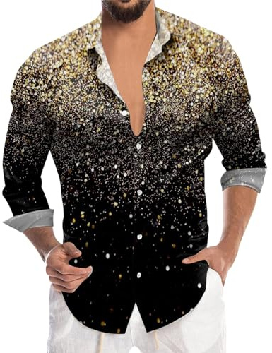 Disco Hemd Herren 70er Outfit Glitzer Hemden Langarm Glänzende Business Shirt Freizeithemden für Männer Party Karneval Kustüm Discokugel Nachtklub Musikfestival Pailletten Silvester Outfit Herren