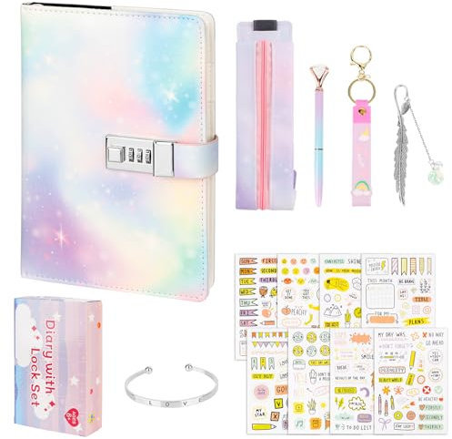 Journal Intime avec Cadenas Fille, Carnet Secret Fille A5, Cadeau de Papeterie pour Filles de 6-16 Ans, 172 Pages, Carnet de Notes en PU avec Stylo, Étui à Stylo, Signet, Autocollants et Bracelet