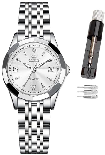 OLEVS Damklocka, handled diamant urtavla dam kvartsur, rostfritt stål mode nattlysande vattentät analog klocka för kvinnor, romantisk present till flickvän, 9998- Ben Bai ansikte, Klassisk