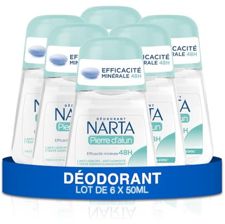 Narta - Déodorant Femme Bille - Pierre d'Alun Efficacité Minérale 48h Sans Alcool - lot de 6 x 50ml