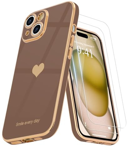 Teageo Mobilskal, kompatibelt med iPhone 15, med 2 skyddsfilmer, för flickor, stylingskal med hjärta, skyddsfodral av galvaniserad, mjuk TPU, med kameraskydd, reptåligt telefonfodral, ökengyllene
