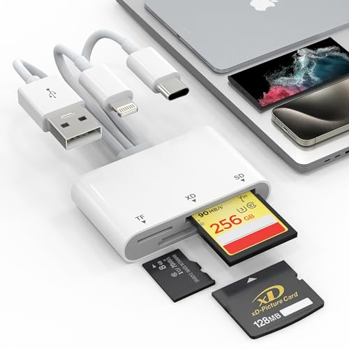 XD Card Reader, SD Card Reader for iPhone, 3 in 1 SD/TF/XD Picture Reader for Lightning/USB C/USB A Device, Lightning+USB A+USB C xd Picture Card Adapter for iPhone 16/15/14/13/iPad/PC/Android