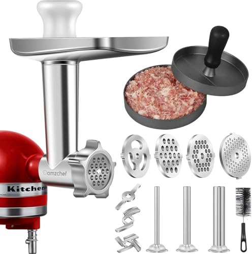 AMZCHEF Fleischwolf Zubehör - Kompatibel mit KitchenAid Standmixern - Enthält 3 Wurstfüller, 4 Mahlscheiben, 2 Klingen und 1 Burgerpresse (Ohne Maschine, Nur Zubehör)