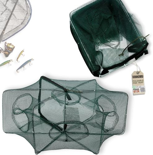 Rankomu Trampa de Red de Pesca Plegable de 6 Agujeros, Portátil, 58×22cm, Red de Pesca de Nailon, Trampa de para Cebo, anguilas, cangrejos, Langostas, camarones y cangrejos