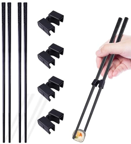 YAYNO 2 Paar Essstäbchen Spülmaschinenfest Stäbchen Zum Essen Sushi Stäbchen Rutschfeste Esstäbchen Schwarze Legierung Stäbchen mit 4 pcs Essstäbchen Trainer Helfer zum Lernen und Trainieren