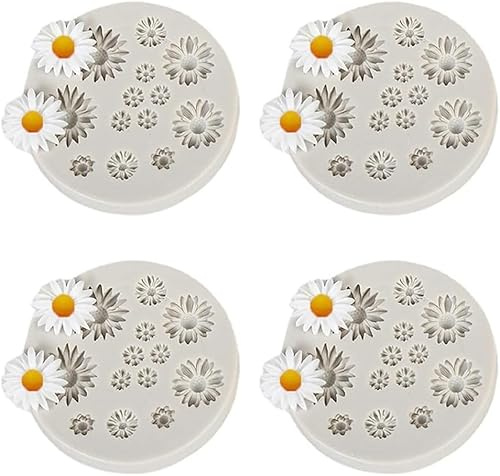 4 Pcs Cute Flower Silicone Molds Daisy Shape Fondant Candy Mould Mini Flower Chocolate Molds for Cake Decoration Cupcake Topper Fudge Polymer Clay Candy Making Supplies for Cupcake Toppers and Dessert