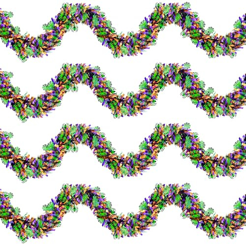 4 Strings Total 26.4 FT Halloween Spider Web Tinsel Garlands – Each 6.6 FT Black Orange Purple Green Fringe Garland with Spiderweb Accents for Halloween Parties, Haunted Houses, and Spooky Decorations