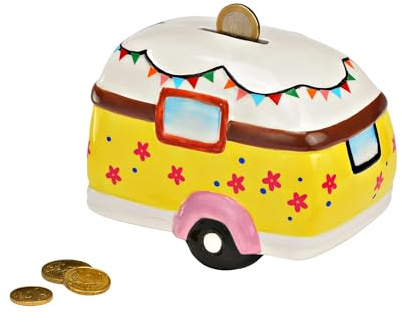 Spardose Campinganhänger aus Keramik – Bunt | Retro-Wohnwagen Bulli Sparfigur für Camper & Kinder (15 x 11 x 10 cm)