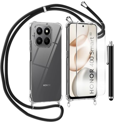 TTSWJBD Coque pour Honor 400 Smart avec Verre Trempé Protection écran Cordon de Collier Réglable Chaîne Antichoc Transparente Silicone Lanyard Case, Housse Étui de Protection - Noir