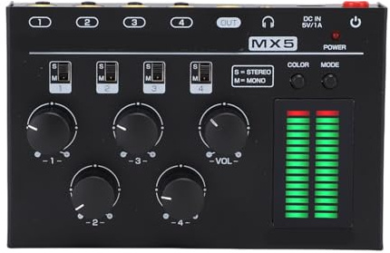 Asixxsix Mixer audio professionale, modalità canale stereo/mono, controller audio per DJ, mini mixer, mixer audio a 4 canali per PC, lettore CD, preamplificatore, altoparlante