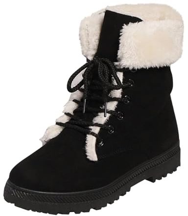 Bottes de neige noires pour femme - Bottes d'hiver avec doublure chaude - Bottes d'hiver thermiques à lacets - Bottes de neige durables avec semelle plate - Bottes basses pour loisirs - Grande taille