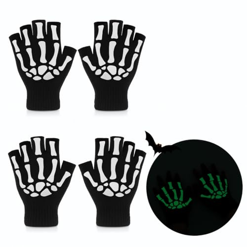 VYNZOR 2 Paires de Gants Squelette Nuit Halloween – Gants Demi-Doigts Fluorescents pour Enfants et Adultes, Accessoires Déguisement Halloween, Cosplay, Carnaval et Fêtes à Thème