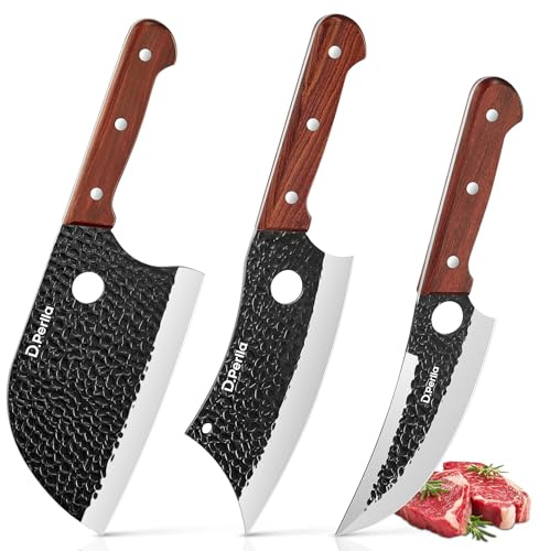 D.Perlla Juego de Cuchillo de Carnicero, 3 piezas cuchillos Japoneses para la Carne Profesional de Acero de Alto Carbono, Cuchillo Vikingo Para el Hogar la Cocina el Camping y la BBQ