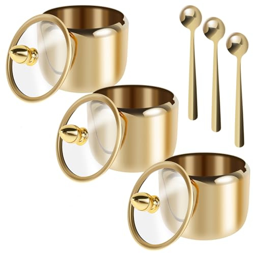 3pcs Sugar Bowl with Clear Glass Lid and Spoon,10oz Satinless Steel Salt Pot, Gold Sugar Container, Dishwasher Safe Spice Salt Canister, Seasoning Box Condiment Pot for Salts Candy Coffee Bean(3pcs)