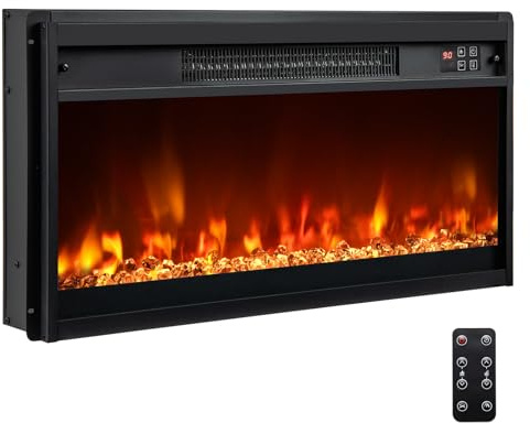GYMAX Camino Elettrico Incassato, Caminetto Elettrico con Fiamma Regolabile Multicolore, Riscaldamento 1500W, con Telecomando, Termostato e Protezione da Surriscaldamento (68,5 x 11,9 x 34,2 cm)