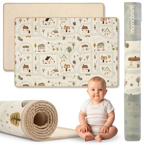 Mamabrum Tappeto Gioco Reversibile 180x120 cm per Neonati e Bambini, Superficie Morbida in Schiuma XPE per Gattonare e Giocare, Motivo Dolce Cittadina/Beige Sabbia, Sottofondo Leggero Arrotolabile