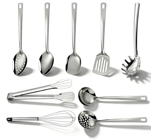 PORFOYO Set Di 9 Utensili Da Cucina In Acciaio Inox, Set Di Spatole In Acciaio Inox, Set Di Stoviglie Da Campeggio, Sintonizzatore Scanalato, Mestolo