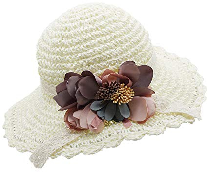 Bienvenu Kids Girl Summer Straw Hat with Flowers Beach Sun Protection Hats,White