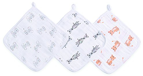 aden + anais essentials Washcloth Set, Super Soft 100% Cotton Muslin, 27.5x27.5cm, 3 Pack, safari babes
