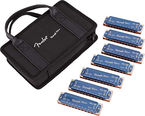 Fender® »MIDNIGHT BLUES HARMONICA - SET OF 7« Mundharmonika 7er-Set - Diatonisch - 10-Loch - Stimmung: C/G/A/D/F/E/Bb-Dur - Inkl. Etui - Farbe: Blau (Limitierte Auflage)