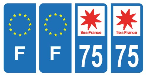 HADEXIA Nummernschild-Aufkleber, französisches Departement 75, Paris Region Ile-de-France & F Frankreich, 4 Stück