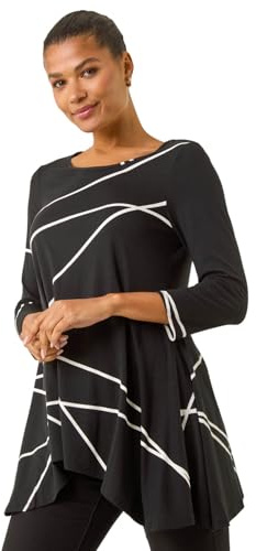 Roman Originals Hanky Hem Tunic Top for Women UK - Ladies Longline Blouse Asymmetric Hemline Casual Slouch Loose 3/4 Sleeves Round Neck Relaxed Comfortable Holiday - Black & White - Size 16