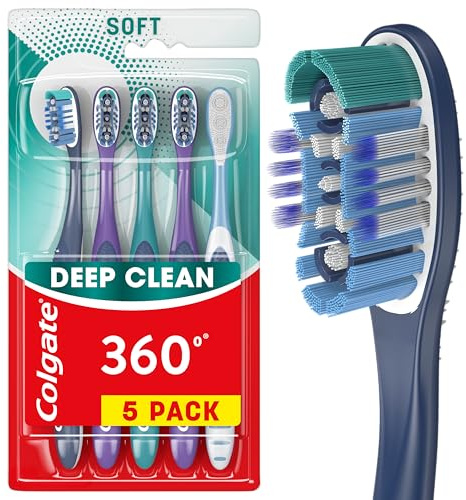 Colgate 360 Whole Mouth Clean Toothbrush, Adult Soft Toothbrushes, 5 Pack