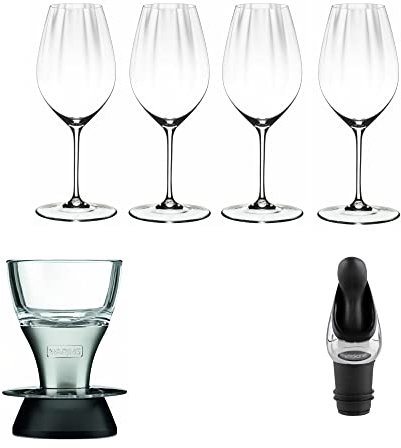Riedel Performance - Juego de 4 copas de vino tinto o blanco con aireador de vino y vertedor de vino con tapón (3 artículos)