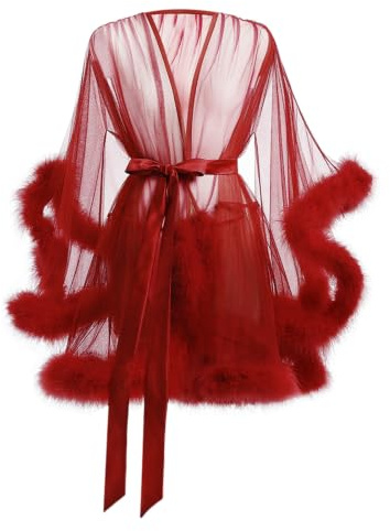 Damen Transparenter Bademantel Sexy durchsichtiges Netz Nachthemd Verführerisches Federgewand Leichtes Nachthemd Atmungsaktive Pyjamas mit Taillenband für Liebhaber, Hochzeitsnacht, Valentinstag