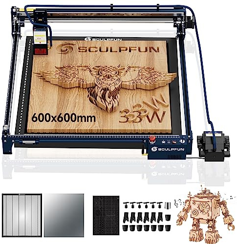 SCULPFUN S30 Ultra 33W Laser Cutter mit SCULPFUN Laser Wabentisch 600X600mm, 42Bit Schrittmotor, 600 * 600mm Arbeitsbereich Laser Graviermaschine für DIY Großen Sperrholzschnitt