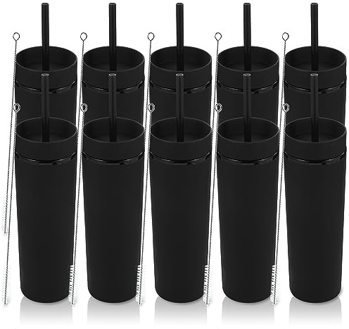 Volhoply 480ml Kunststoff Skinny Becher Mit Deckel und Strohhalm Bulk 10 Pack, Isolierte Doppelte Wand Bpa Frei Matte Acryl Becher, Eiskaffee Reise e Party Cup, Diy Geschenke(Schwarz,10 Set)