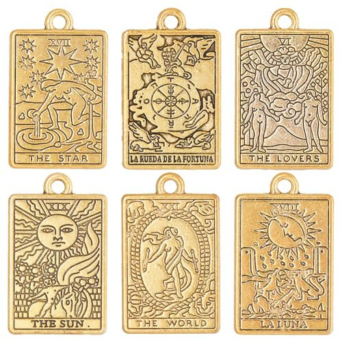 SUNNYCLUE 1 caja de 36 piezas de Dijes de Cartas de Tarot, Dijes de Tarot Dorados, Dijes de Tarot A Granel, Luna, Sol, Estrella, Rectángulo, Amuleto de Buena Suerte, para Hacer Joyas, Dijes, Aretes, P