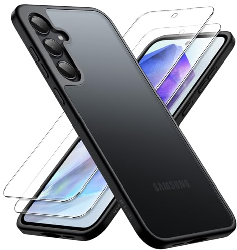 JETech 3 in 1 Matte Case for Samsung Galaxy A55, Black | 2 Tempered Glass Screen Protectors, Camera Lens Protection, Translucent Frosted Phone Cover