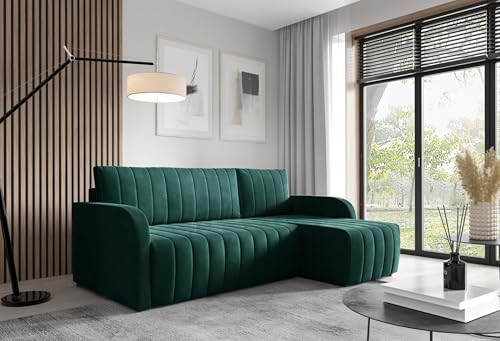 LIKMA Ecksofa Otto L-Form 224 cm Flaschengrün Moderne Sofas & Couches - Velvet Sofa mit Schlaffunktion - Schlafsofa mit Bettkasten - Wohnlandschaft mit Bettzeugbehälter, Stoff: Trinity 38