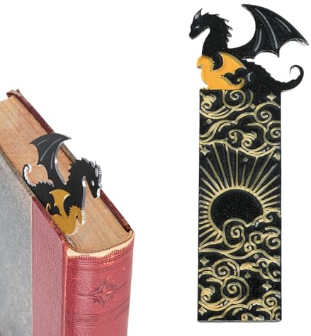 NATOSU Schwarzes goldenes Drachen-Lesezeichen, doppelseitiges Muster, Acryl, cooles Drachen-Lesezeichen mit Sonne und Wolken, Bücherregal-Dekoration für Jungen und Mädchen, Buchliebhaber