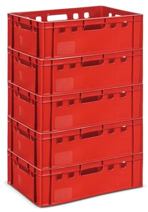 gardivo Lot de 5 caisses E2 rouges 60 x 40 x 20 cm Caisse de rangement empilable en plastique robuste Convient à un usage alimentaire