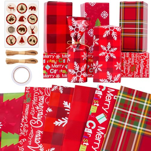 Zindoo Carta da Regalo Natalizia Set 6 Fogli 50x70cm e 20M Corda di Carta,12 Etichette,Tema Rosso Carta Regalo Natale Vintage per Bambina Bambino Donna Uomo