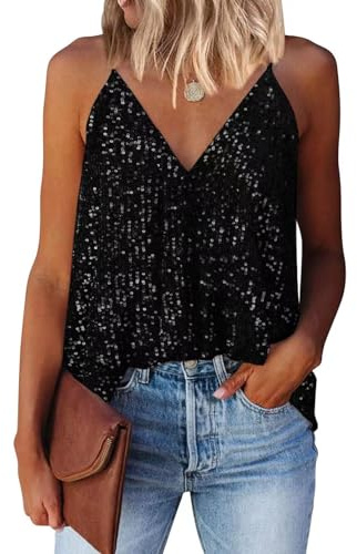 AirMood Donne Sexy V Neck Sparkle Shimmer Tank Gilet Paillettes Top Las Vegas Disco Paillettes Tank,Nero, L