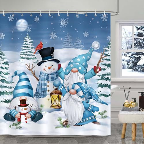 Bonhause Christmas Gnomes Snowman Shower Curtain, Winter Snowy Pine Tree Blue Bathroom Curtain 180 x 180 cm Waterproof Mildew and Mould Resistant Polyester Fabric Bath Curtain with 12 Hooks